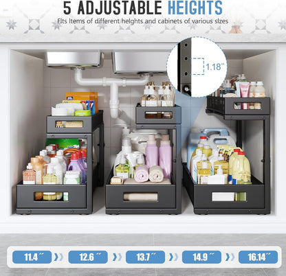 1 Pack 20.47IN Depth Under Sink Storage Organizer, Large 2-Tier Elegant Mesh Pull Out Shelf for Kitchen and Bathroom Cabinet Organization, L-Shaped and Adjustable Height Design-Black