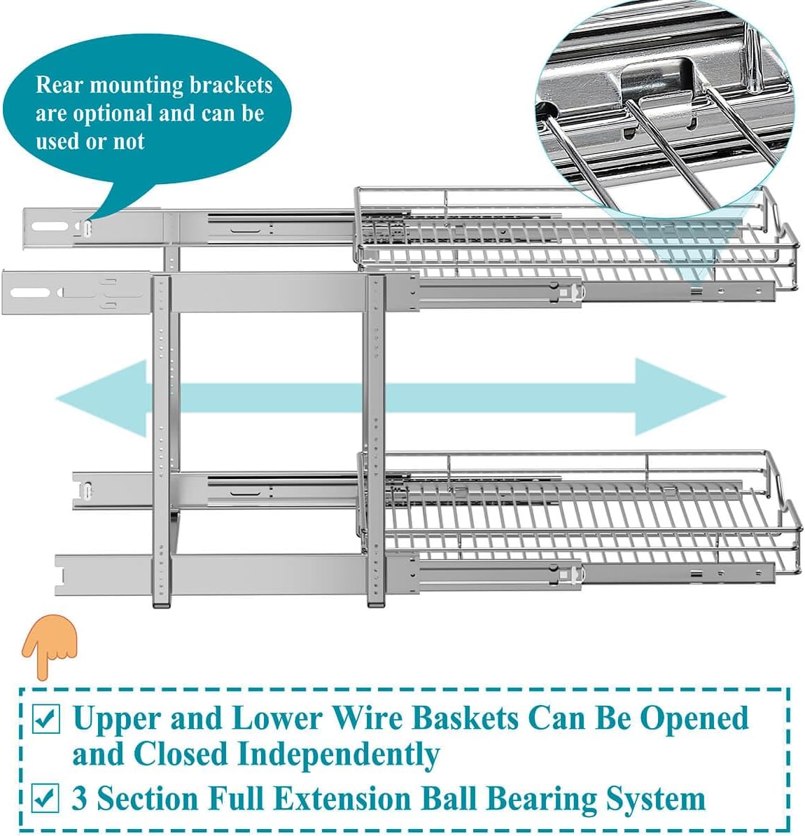 OCG 2 Tier Pull Out Cabinet Organizer (22.5" W x 21.5" D), Pull Out Drawers for Kitchen Cabinets, Pull Out Shelves for Base Cabinet Organization in Kitchen Bathroom Pantry, Chrome Finish