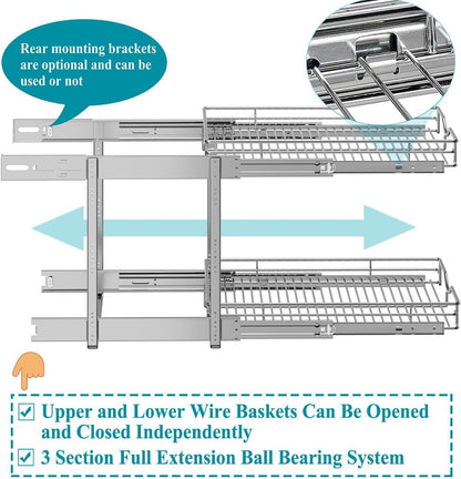 OCG 2 Tier Pull Out Cabinet Organizer (22.5" W x 21.5" D), Pull Out Drawers for Kitchen Cabinets, Pull Out Shelves for Base Cabinet Organization in Kitchen Bathroom Pantry, Chrome Finish