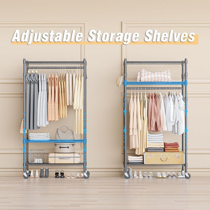 Homdox Garment Rack Heavy Duty, 3 Tier Rolling Clothing Racks for Hanging Clothes, Metal Wardrobe Closet, Free-Standing Clothes Organizer Rack with Double Rods & Side hooks, Gray