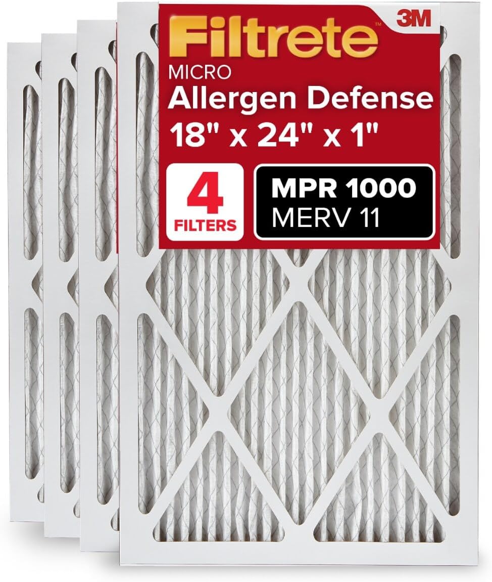 Filtrete 18x24x1 AC Furnace Air Filter, MERV 11, MPR 1000, Micro Allergen Defense, 3-Month Pleated 1-Inch Electrostatic Air Cleaning Filter, 4 Pack (Actual Size 17.81x23.81x0.81 in)
