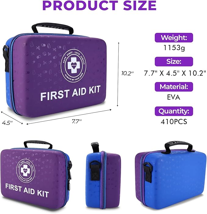 Large First Aid Kit - 410 Piece Dual-Color Emergency Kit with Hard Shell & Fluorescent Interior Coating, Professional Survival Kit for Home, Car, Travel, Hiking & Outdoor(Blue/Purple)