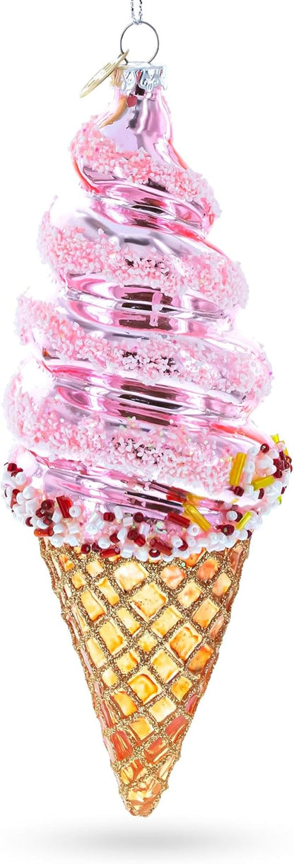 Pink Ice Cream Blown Glass Christmas Ornament