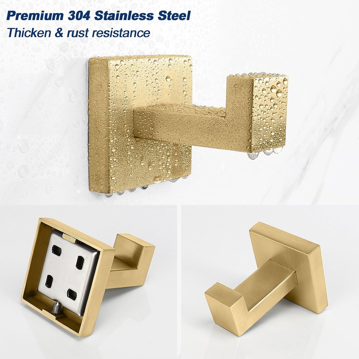 NearMoon Bath Towel Hooks -SUS304 Stainless Steel Square Clothes Robe Hooks Hanger, Heavy Duty Coat Hooks for Bathroom Livingroom Hotel Kitchen Garage, Wall Mounted (3 Pack, Chrome Gold)