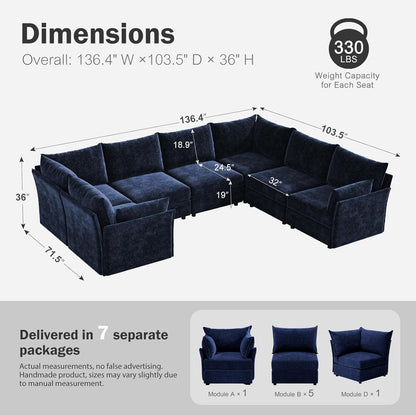 136.4" Oversized Modular Sectional Sofa, U Shaped Convertible Couch with Movable Ottoman, Large 7 Seat Corner Couches for Living Room Deep Seat Blue Chenille