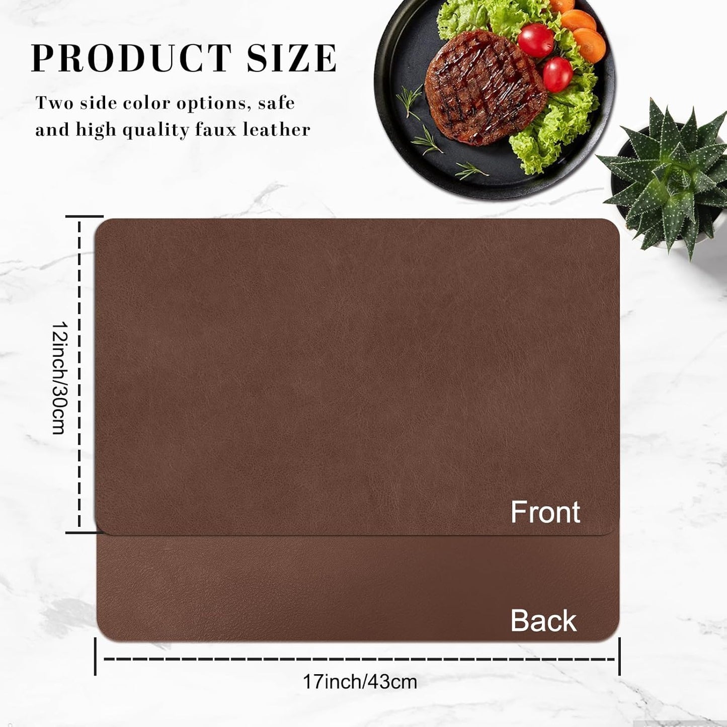Faux Leather Placemats, Set of 4, 12''×17' Textures on Both Sides, Heat-Resistant, Waterproof and Oil-Proof, Reversible Place Mats for Kitchen, Dining Table, Outdoor - Brown