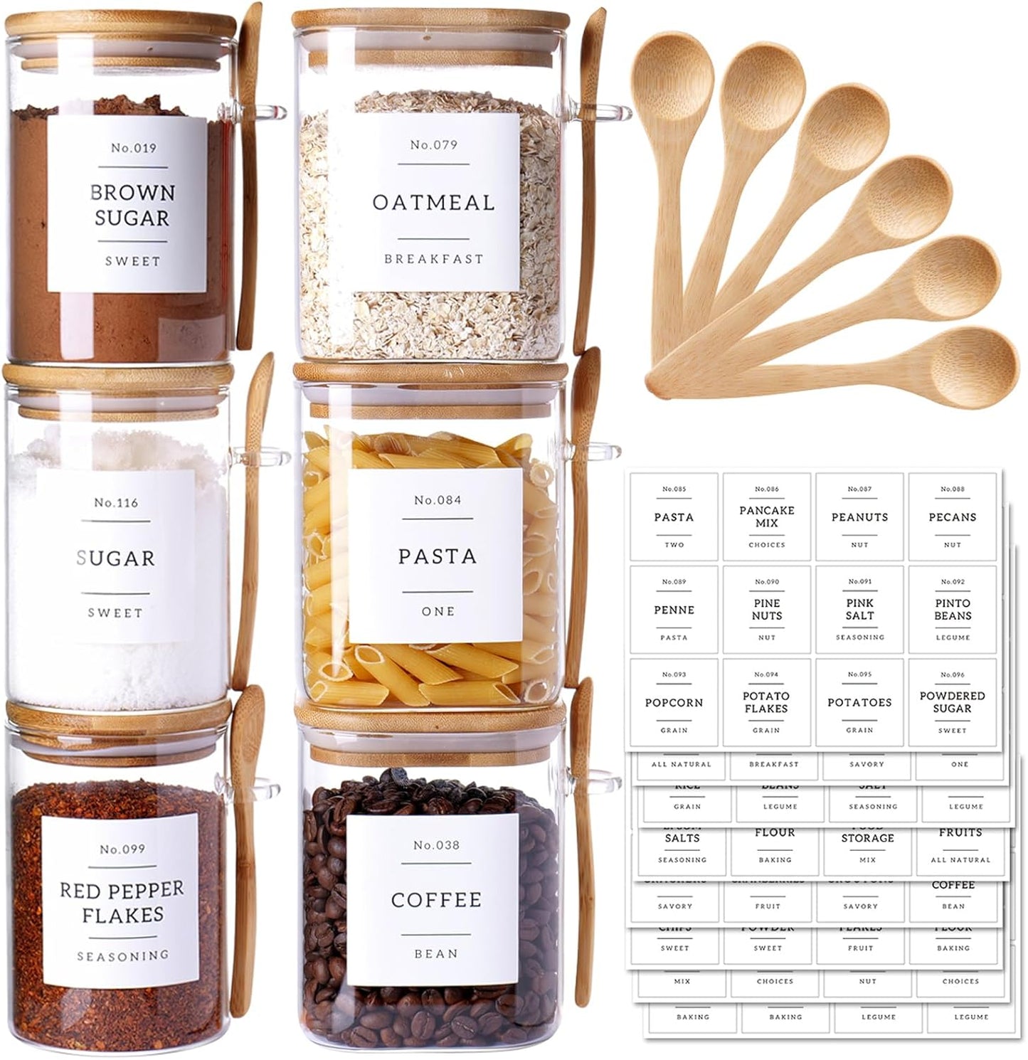 6 Pack Glass Jars with Bamboo Lid and Spoons - 17Oz/27Oz Borosilicate Glass Jars with 132 Pantry Labels - for Coffee Beans, Tea, Sugar & More