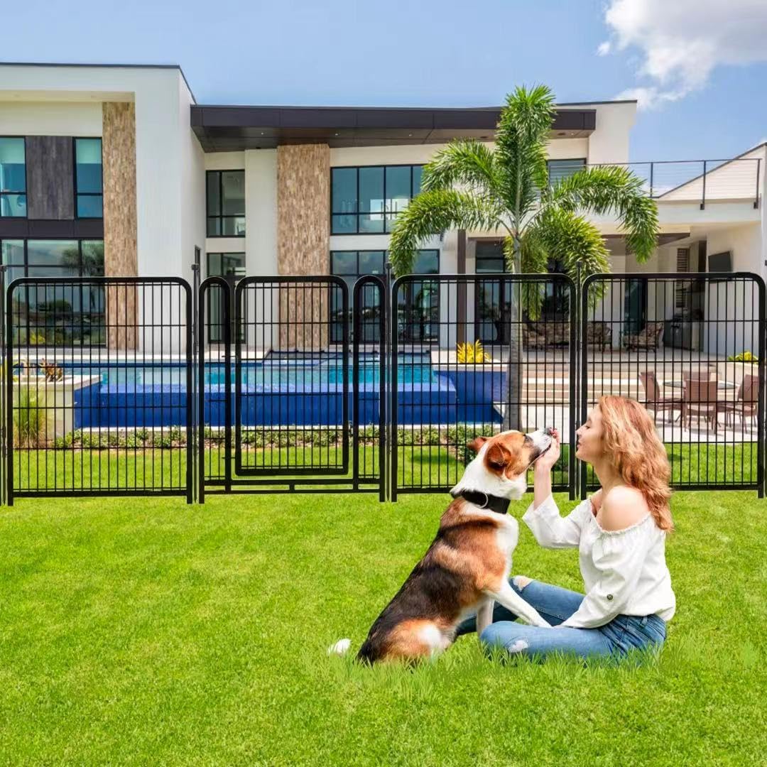 8 Panels Garden Fence with Gate, 48 in(H) X17.7 Ft(L) Wide Door Low Threshold, Heavy Duty Dog Fence Outdoor for Yard, Outdoor Dog Fence, Fencing for Garden Beds