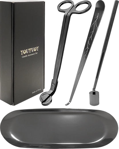 4 in1 Candle Accessory Set with Storage Tray Plate, Candle Wick Trimmer, Candle Wick Snuffer, Candle Wick Dipper, Storage Tray Plate, Great for Scented Candles Lovers (Silver Black)