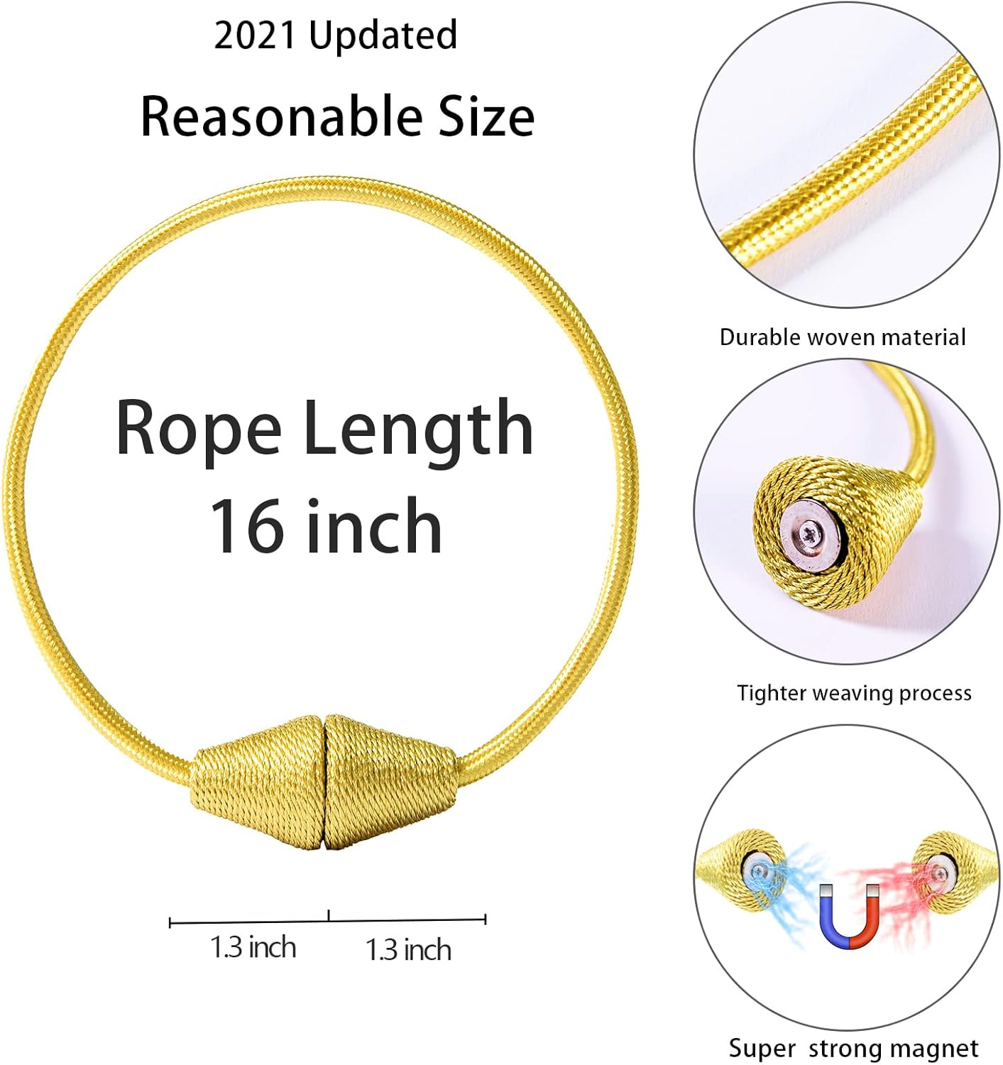 2 PCS Magnetic Curtain Tiebacks, European Style Convenient Drape Tie Backs Holdbacks for Thin or Thick Home & Office Window Draperies, No Tools Required-Gold Bright