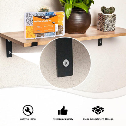 KURUI Wall Anchors Kit for Hanging Wall Art Decor, 160Pcs Drywall Anchors Assortment Kit for Frame Shelf Decorations, Plant Hooks, 135 Screws and 135 Plugs, Picture Hangers for Drywall Concrete Brick