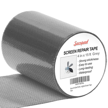 Grey Window Screen Repair Tape, 4 in X 15 FT (180IN) Screen Repair Kit for Windows or Doors, Strong Adhesive Fiberglass Mesh Patch Tape