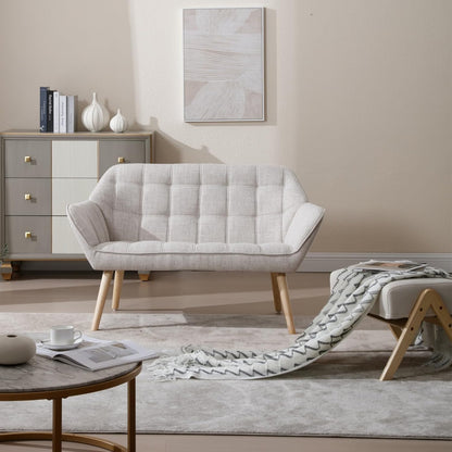 48" Small Loveseat Sofa, Modern Linen Fabric Mini Sofa Couch 2-Seater Love Seat with Quilting Backs and Wood Legs for Living Room, Bedroom and Small Space, Beige