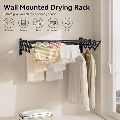 APEXCHASER Clothes Drying Rack Wall Mount, Laundry Drying Rack, Accordion Collapsible Clothes Airer, Towel Racks for Bathroom Balcony Laundry Room Wall Mounted, Drying Rack for Clothing, Black