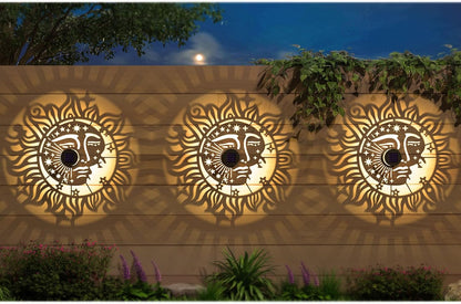 4 Pack Solar Fence Lights Metal Solar Powered Outdoor Wall Deck Step Lights Sun Moon Theme Waterproof Fence Light for Garden Post Patio Backyard Yard Decor, Gardening Gifts for Women Mom Grandma