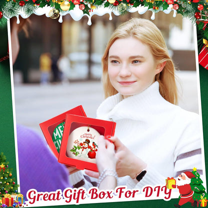 50 Pcs Sublimation Ornament Blanks Box 3.6"x3.6"x0.7" Christmas Ornaments Holder Ceramic Discs Packaging Box with Window for Personalized Xmas Tree Blanks Bulk (Red)