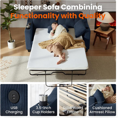 Pull Out Sofa Bed, Full Size Sleeper Sofa, 2-in-1 Convertible Corduroy Couch with USB Charging, Memory Form Couch for Living Room, Apartment and Small Space (Navy Blue, Corduroy - Full Size)
