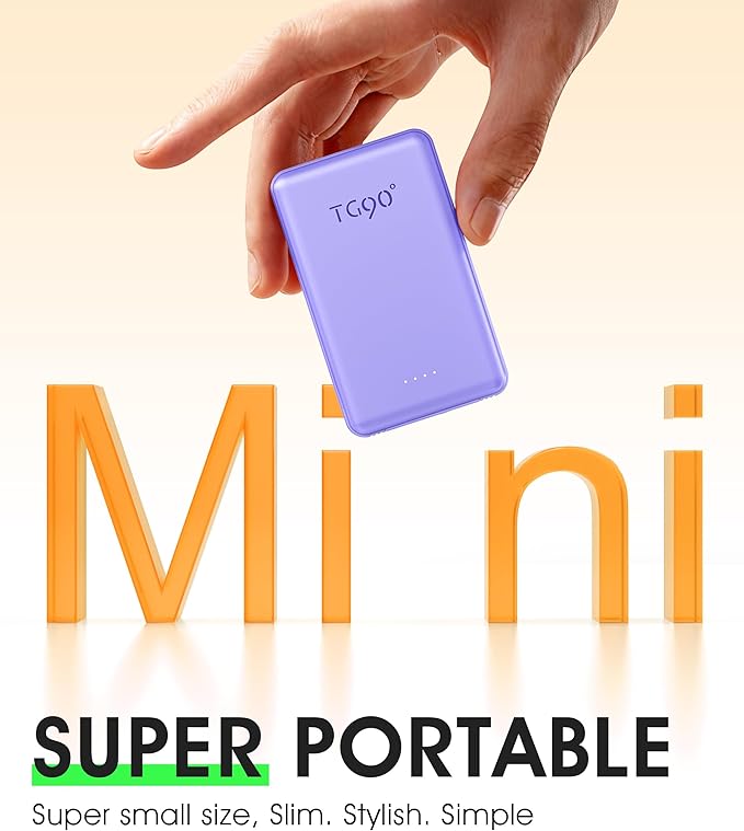 TG90° Ultra Slim 5000mAh Power Bank Built-in AC Wall Plug and Cables, Pocket Size USB C Portable Charger, External Battery Pack Compatible with iPhone 17 16 15 14 13 12 Samsung S22 S21 Google iPad