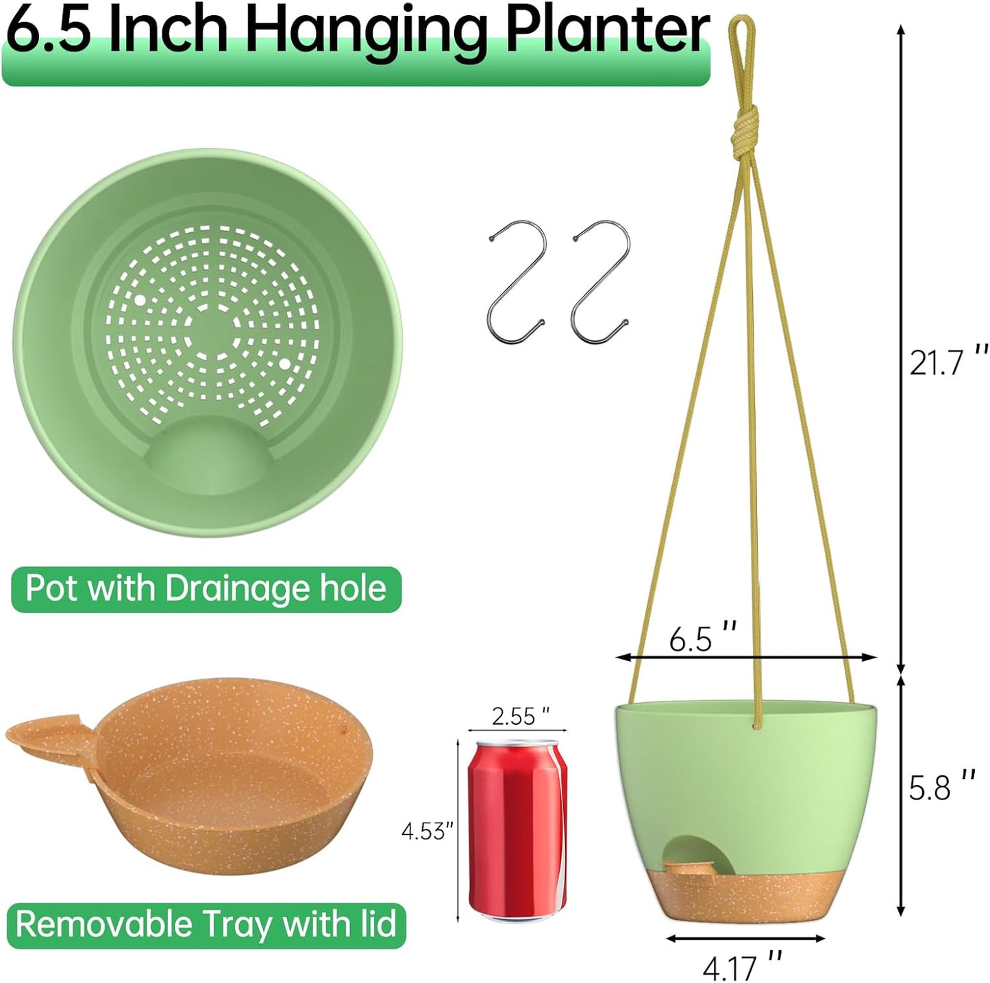ZMTECH 6.5 Inch Hanging Planters for Indoor Outdoor Plants, 2 Pack Self Watering Hanging Plant Pots with Drainage Holes and Removable Saucer, Plastic Flower Hanging Pots with Watering Lip (Green)