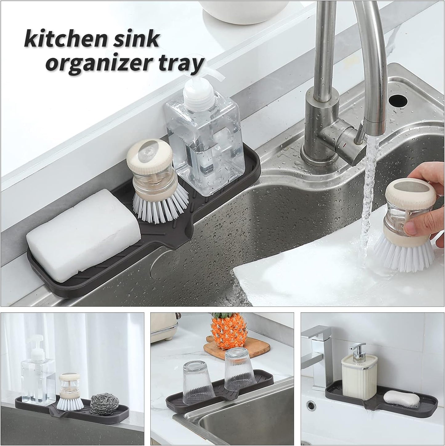 Silicone Bathroom Soap Dishes with Drain Spout-Bathroom and Kitchen Sink Organizer,Sponge Holder,Dish Soap Tray,Perfect for Dispenser,Scrubber,Bottle,Cup on Sink or Counter-Coffee 12"×4"