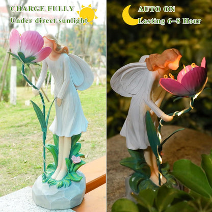 Fairy Garden Statue Outdoor Decor, Solar Powered Garden Sculptures Fairy Resin Statues Waterproof Pink Flower Solar LED Lights Yard Art Decorations for Outside Patio Lawn Decor