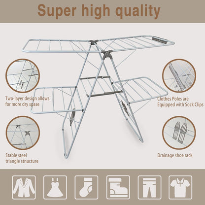 Large Capacity Double Drying Rack, Folding Rustproof Drying Rack with Non-Slip Clips and Drainage Shoe Rack, Height Adjustable, Airy and Quick Drying, Suitable for Balcony and Outdoor Use