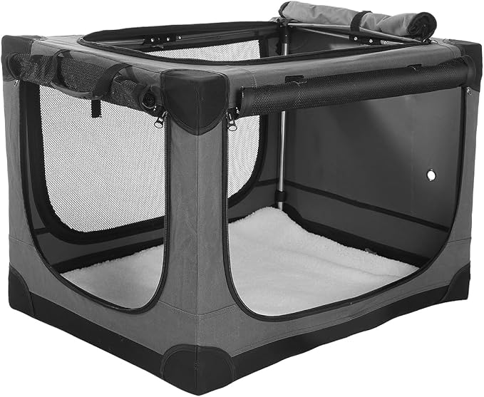 24-Inch Collapsible Travel Dog Crate, Portable 4-Door Soft Kennel for Medium to Large Dogs, Chew-Proof Mesh Windows, Indoor/Outdoor Use, Foldable, with Storage Bag (Grey)