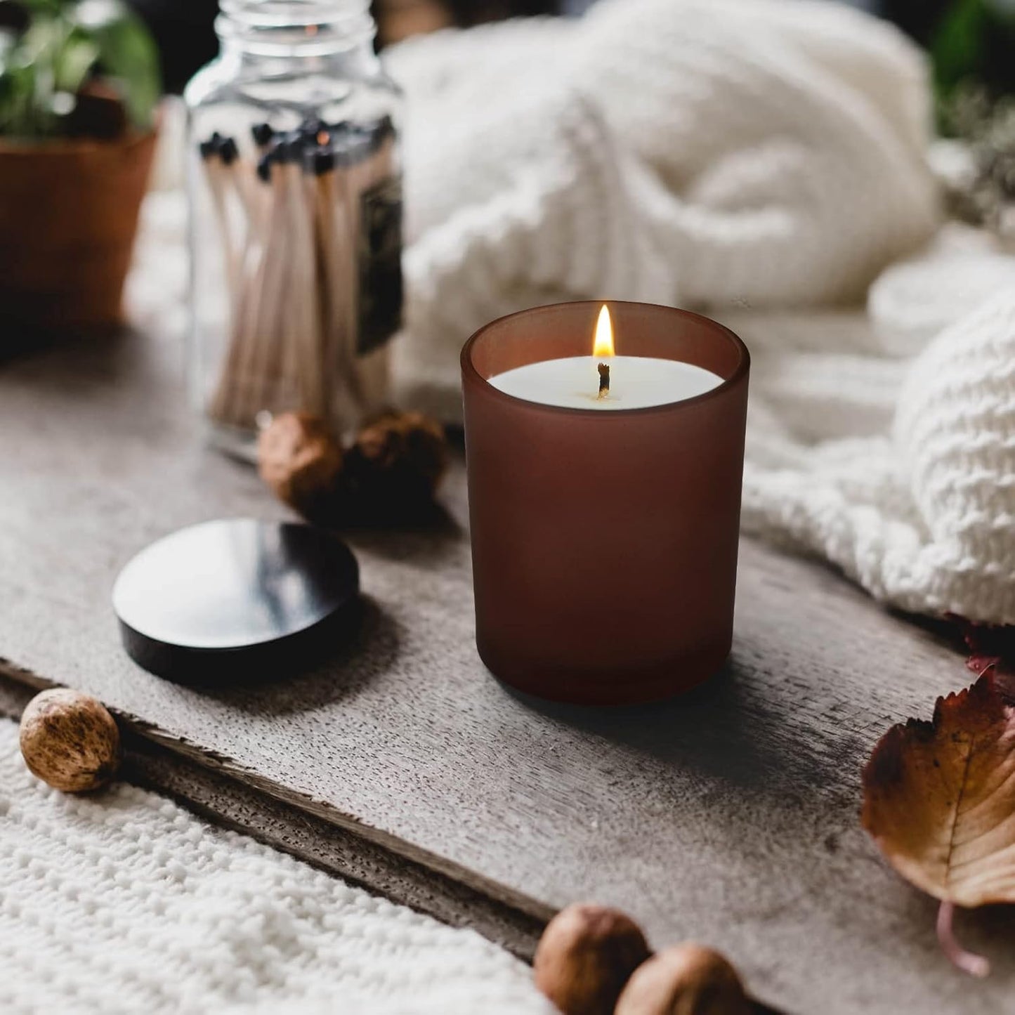 14 OZ Thick Candle Jars for Making Candles 12 Pcs, 3 Wick Empty Jars with Wood Lids for Candle Making, Sample Container,Frosted Brown