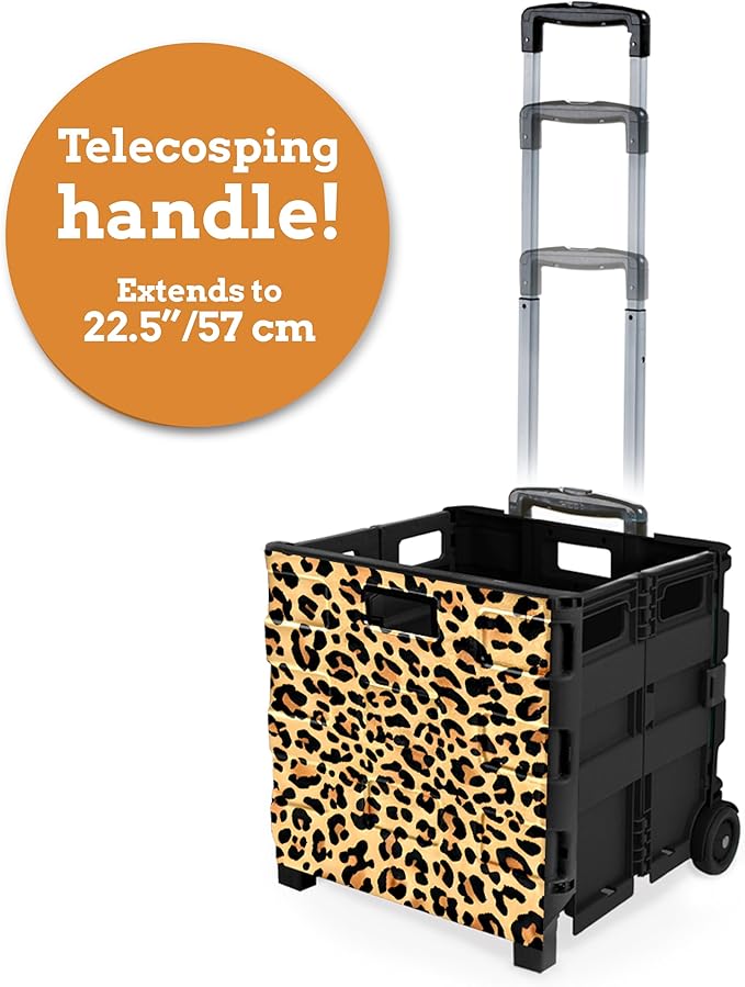 Inspired Living Ultra-Slim Rolling Collapsible Storage Pack-N-Roll Utility-carts, with Telescopic Handle, for Home, Garden, Shopping, Office, School use, Large, Leopard