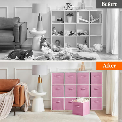 Lifewit 12 Packs Storage Cubes, 11 Inch Cube Storage Bins, Foldable Decorative Fabric Storage Baskets for Organizing Home Organizers with Handles for Shelves, Closet,Pink