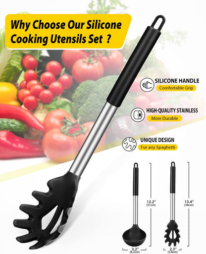 Silicone Pasta Fork and Ladle Spoon Set, Large Non Stick Kitchen Utensils for Cooking,Stirring,Serving Spaghetti, Soup, Sauce (BLACK)