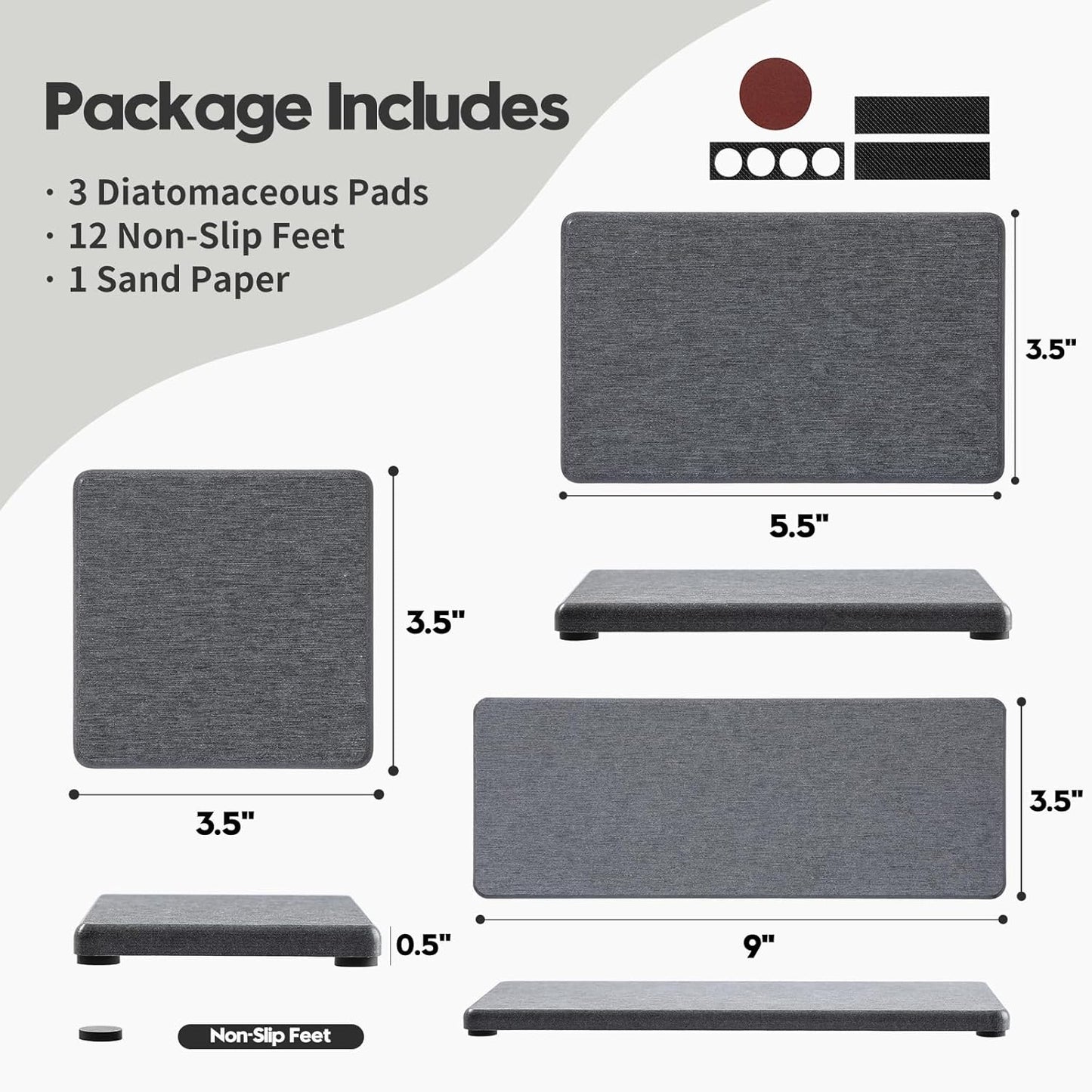 3PCS Water Absorbing Soap Dish Sponge Holder, Diatomite Stone Drying Tray Mat Sink Caddy for Kitchen Counter & Bathroom, Small Stone Bath Mat Faucet Accessories Organizer Protector,Dark Gray,9"x 3.5"