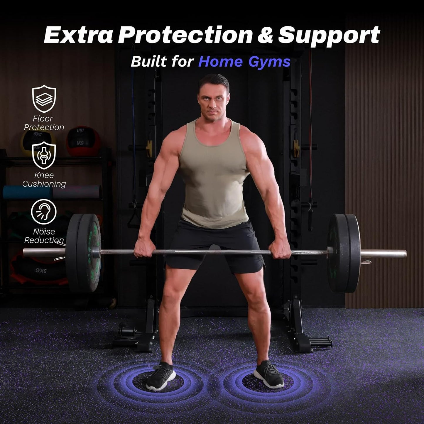 AIRHOP 0.56in Thick 48 Sq Ft Exercise Equipment Mats, 12 Tiles Upgraded Rubber Top with High Density EVA Foam, Large Interlocking Puzzle Gym Flooring for Home Gym, Heavy Weight Workout, 24 x 24in