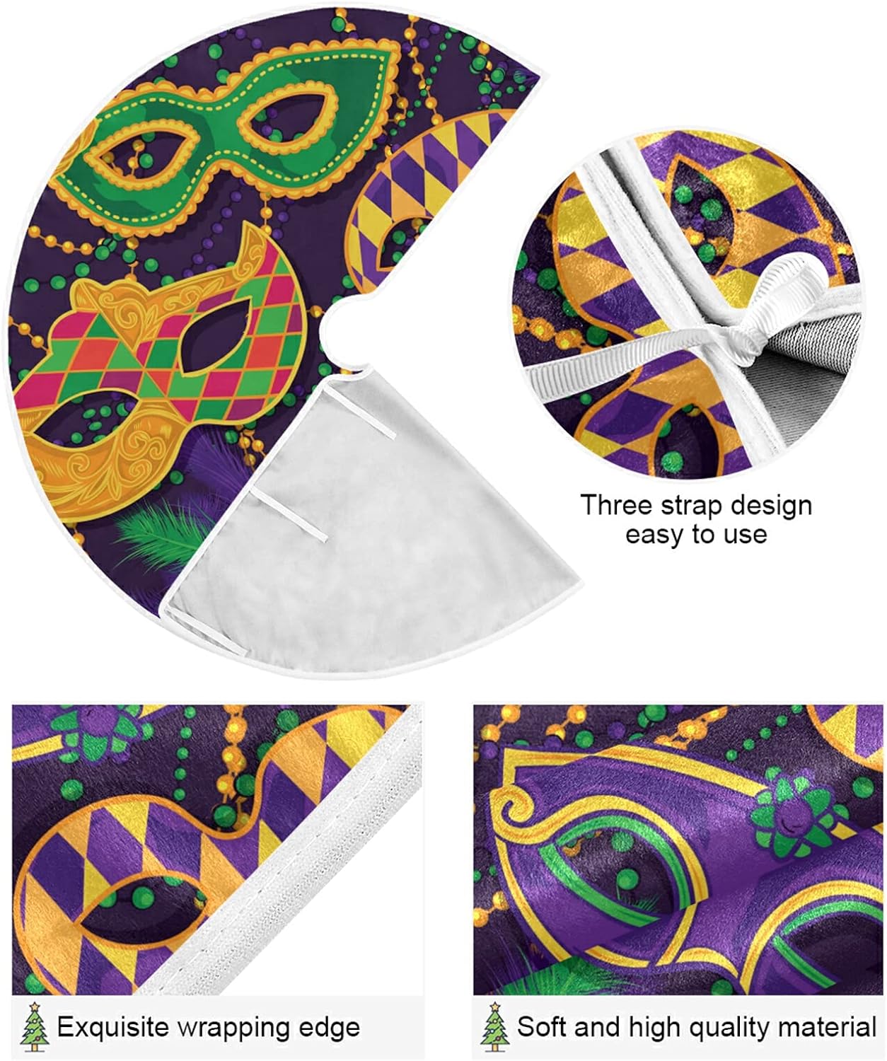 Mardi Gras Colorful Mask Tree Skirt, Seasonal Tree Mat Holiday Party Supplies Ornaments Indoor Outdoor Decorations for Tabletop Trees 35.4 Inches