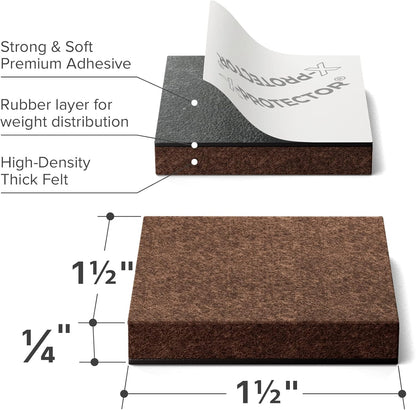 24 Heavy-Duty Felt Furniture Pads 1.5” 1/4” Thick X-Protector! Square Felt Pads for Furniture Feet - The Best Felt Floor Protectors for Furniture to Prevent Scratches. Protect Your Hard Floor! (Brown)