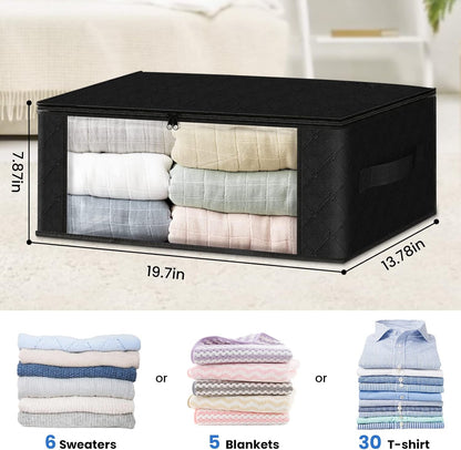 HomeHacks Storage 10-Pack Clothes Organizer Storage Bags Foldable Storage Box with Large Clear Window Sturdy Handles for Closet, Dorm, Pillows, Bedding, Clothes, Blankets, 35L, Black