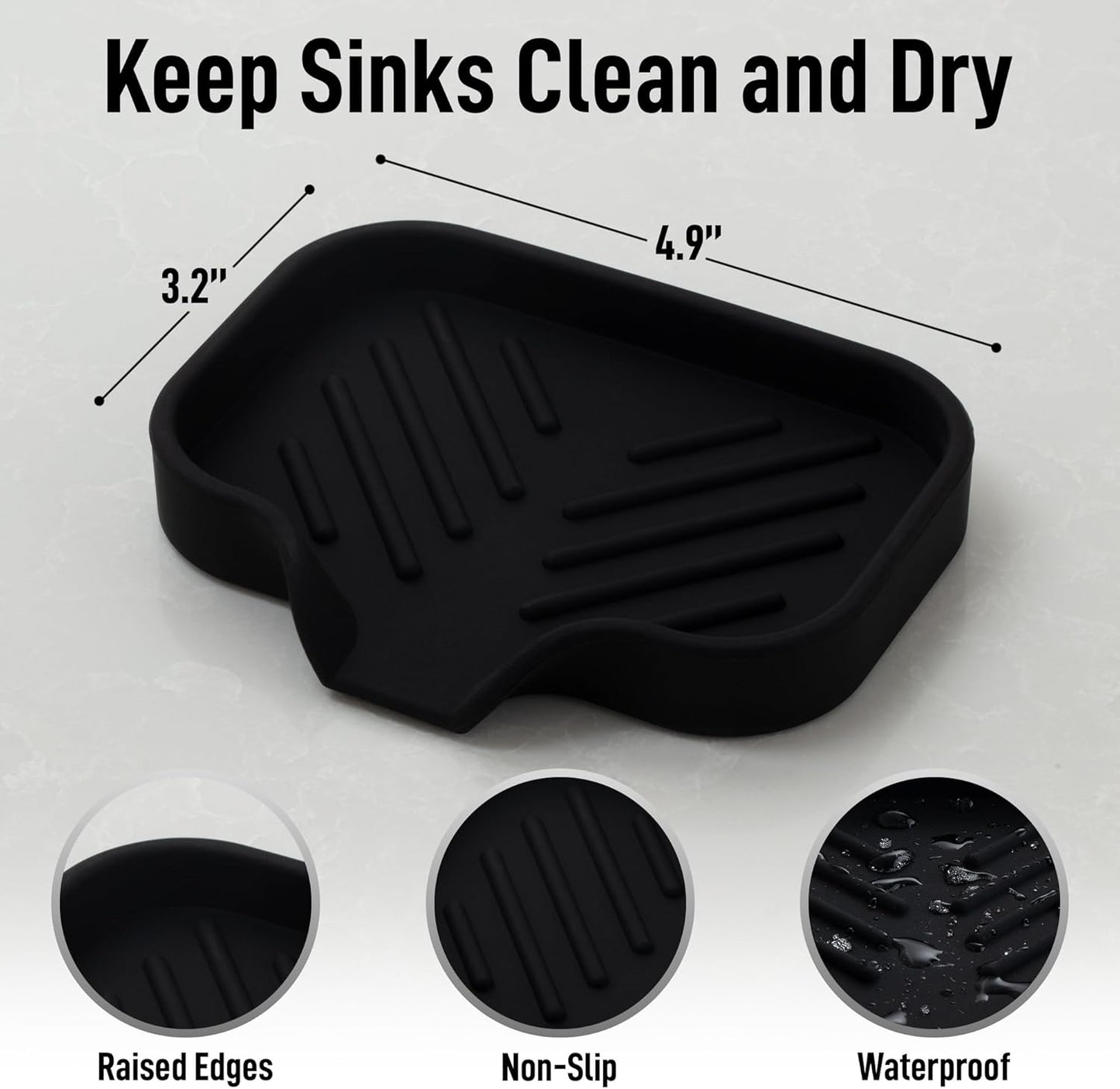 Zulay Kitchen Small Silicone Sponge Holder (4.9x3.3”) – Space-Saving Sink Organizer Tray for Sponge, Soap, Brush & More – Compact Non-Slip Dish for Kitchen & Bathroom (Black)