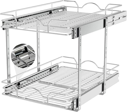 OCG 2 Tier Pull Out Cabinet Organizer (14" W x 21" D), Pull Out Drawers for Kitchen Cabinets, Pull Out Shelves for Base Cabinet Organization in Kitchen Bathroom Pantry, Chrome Finish