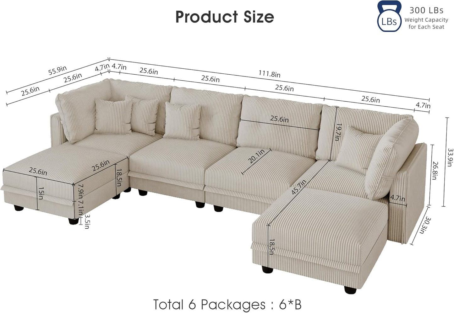 LLappuil Modular Sectional Sofa with Storage, U-Shaped Convertible Sleeper Couch, 6-Seat Oversized Living Room Sofa with 6 Back Cushions & 6 Throw Pillows, Beige Corduroy Fabric