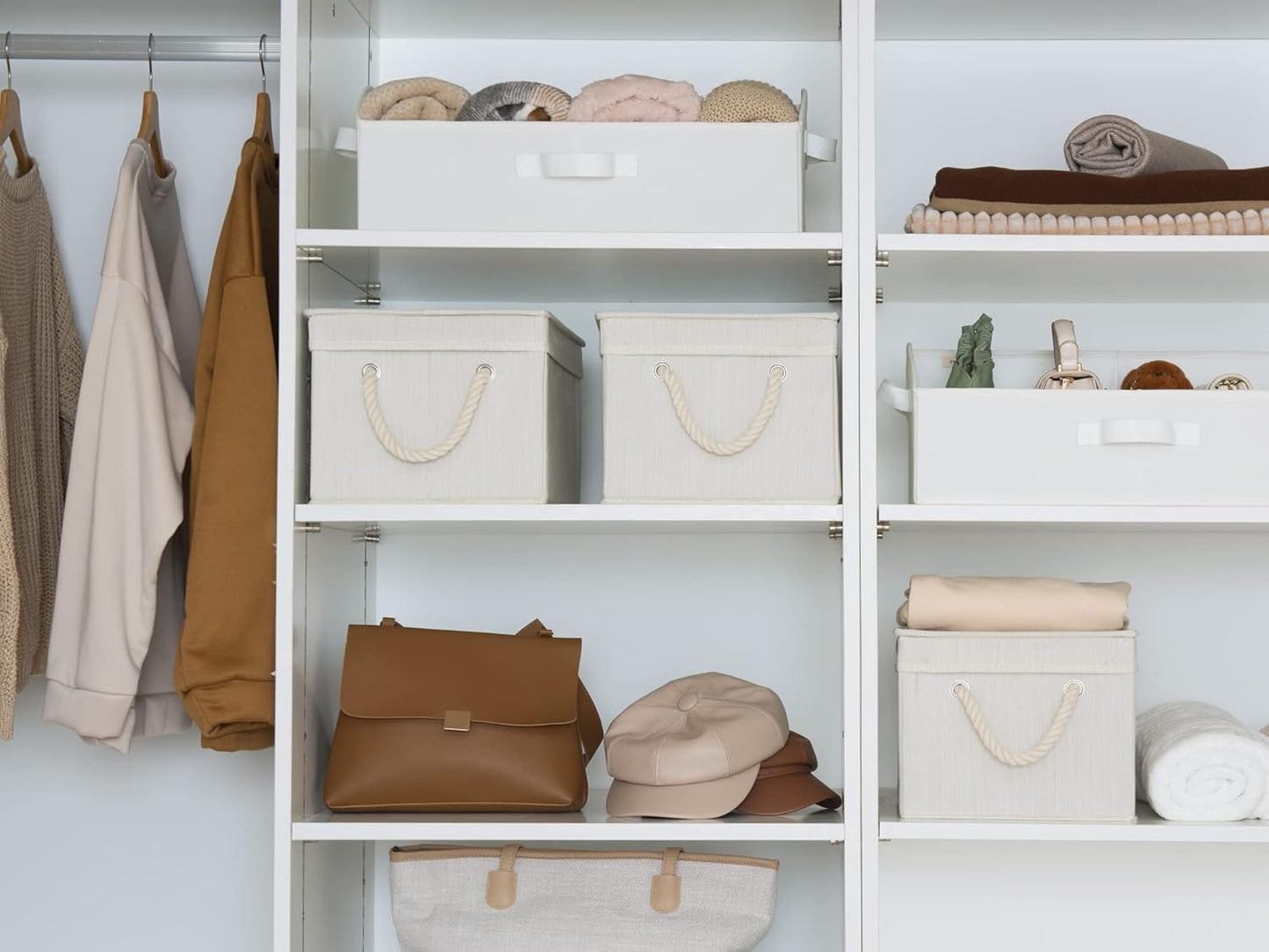 StorageWorks Large Storage Bins with Lids, Decorative Storage Boxes with Lid and Soft Rope Handles, Foldable Storage Baskets for Closet, Shelves, Stackable, Ivory and White, 3-Pack