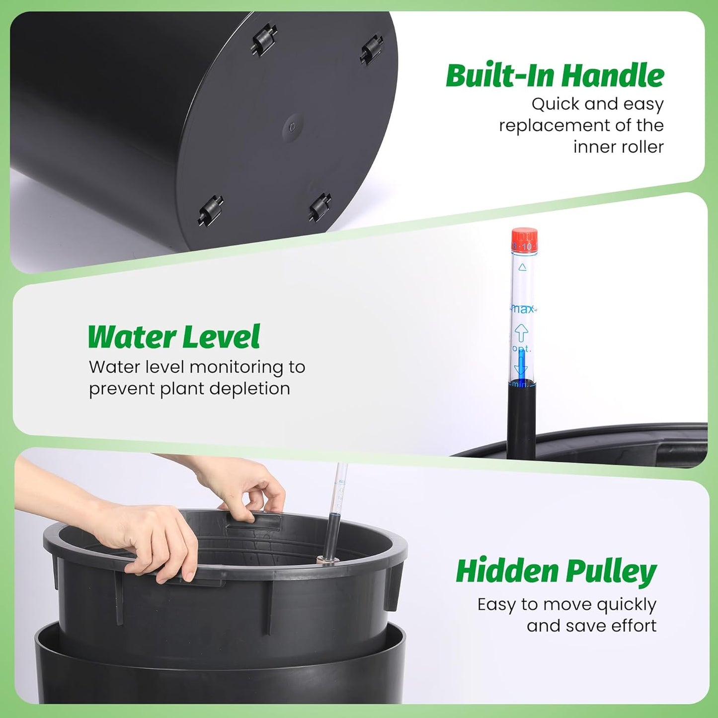 Tall Round Planter Set of 2, 20" Large Planter Pots with Built-in Drainage and a Water Level Monitor and Wheels for Patio, Porch, Living Room, or Home Office