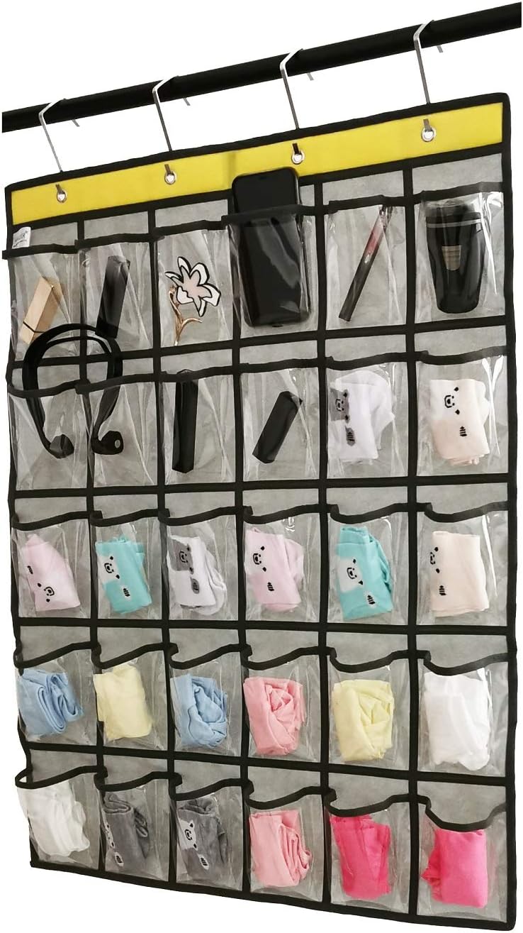 Classroom Pocket Chart for Phone Calculator Holder Over The Door Hanging Closet Jewelry Organizer with 30 Clear Pockets (GREY)