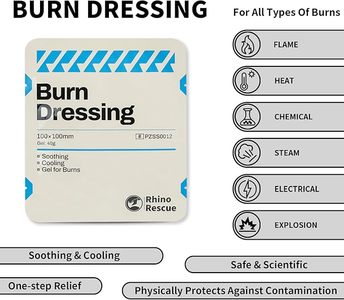 RHINO RESCUE Burn Kit, 4pcs Burn Dressings 4x4”, 8pcs Burn Gel Packets 3.5g, 4pcs Burn Pads, First Aid Kit Cooling Soothing Cream Relief with Bandage, Nitrile Gloves, Scissors, Tape, HSA/FSA Eligible