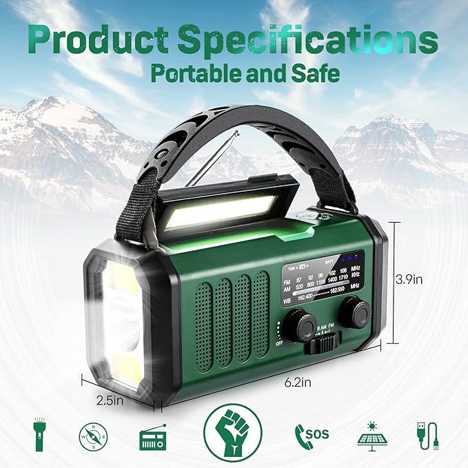 Emergency Hand Crank Radio with 10000mAh/37000mWh Battery Backup, NOAA/AM/FM Weather Radio, Type-C Charge,Solar Charging,SOS, 3 Modes LED Torch, Reading Lamp, Compass for Outdoor Survival