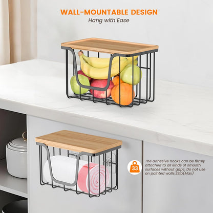 KONE Trash Bag Holder, 2 Pack Garbage Bag Dispenser, Storage Stackable Kitchen Organizer with Bamboo Top, Wall Mount Laundry Pantry Organization Black