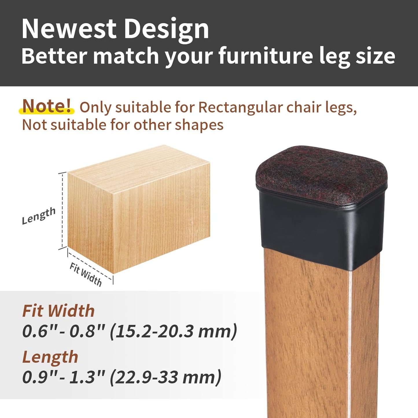 Ezprotekt 16 Pcs Rectangle Black Felt Chair Leg Floor Protectors for Hardwood Floors, Rectangle Silicone Felt Furniture Pads Caps, Table Leg Covers Cups Anti- Scratches (Fit W:0.6-0.8", L:0.9-1.3")