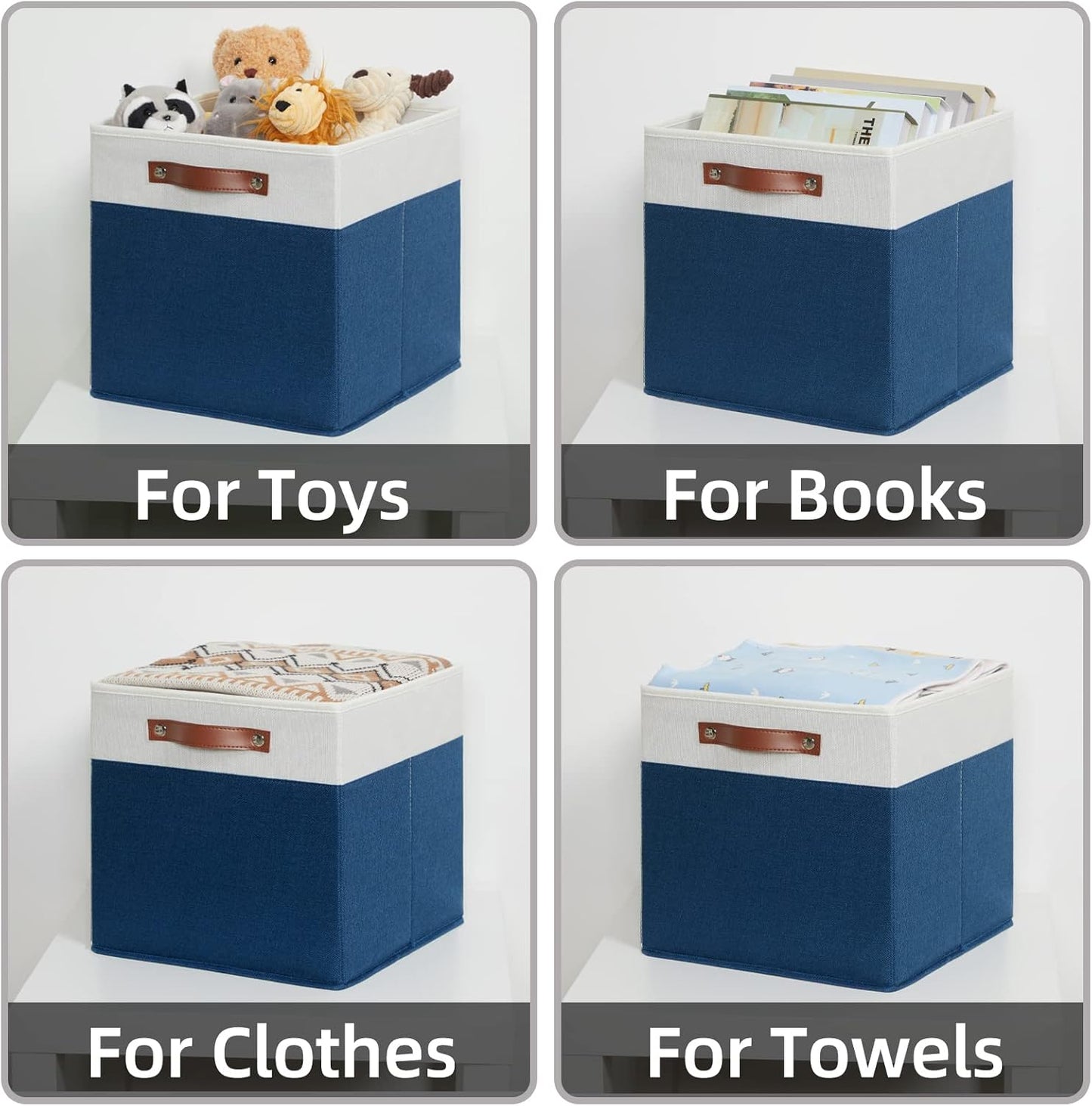 HNZIGE Fabric Storage Cubes Bins for Shelves,13x13 Storage Cubes, Set Of 4 Foldable Cubby Storage Bins for Organizing, Cloth Blue Storage Baskets for Cube Organizer Toy Nursery Shelves(Blue&White)