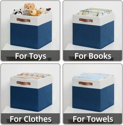 HNZIGE Fabric Storage Cubes Bins for Shelves,13x13 Storage Cubes, Set Of 4 Foldable Cubby Storage Bins for Organizing, Cloth Blue Storage Baskets for Cube Organizer Toy Nursery Shelves(Blue&White)