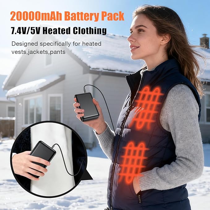 20000mah 7.4V Battery Pack for Heated Vests Jackets Suit for ORORO,Venustas, 5V2A Rechargeable Power Bank for Heated Vests Jackets Hoodies Pants Coat for Men Women Heating Vest