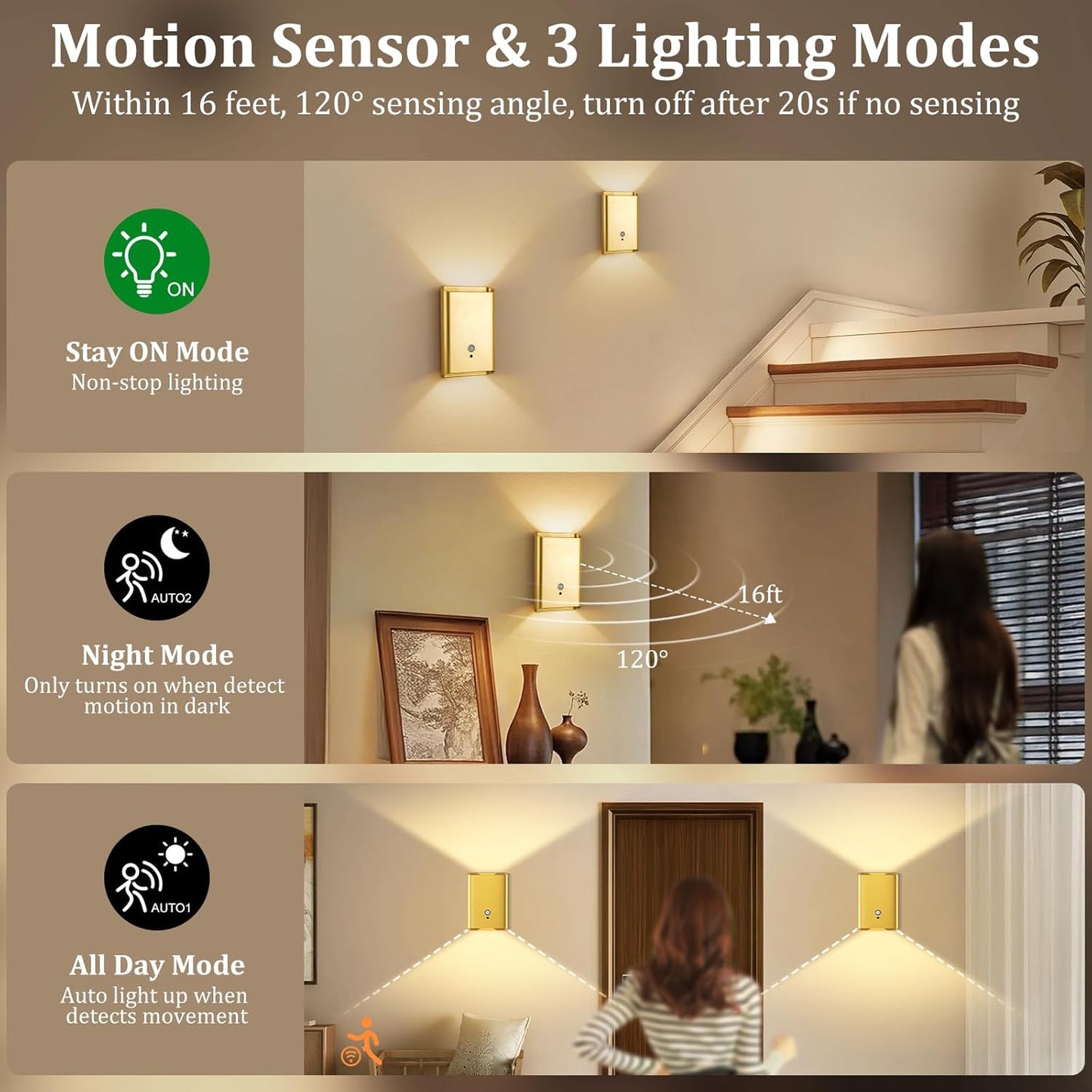 Battery Operated Wall Sconce Set of 2: 5000mAh Rechargeable Motion Sensor Night Light Indoor, 3CCT Dimmable Wireless Wall Lights Magnetic LED Up and Down Wall Lamp for Bedroom Closet Stair, Gold